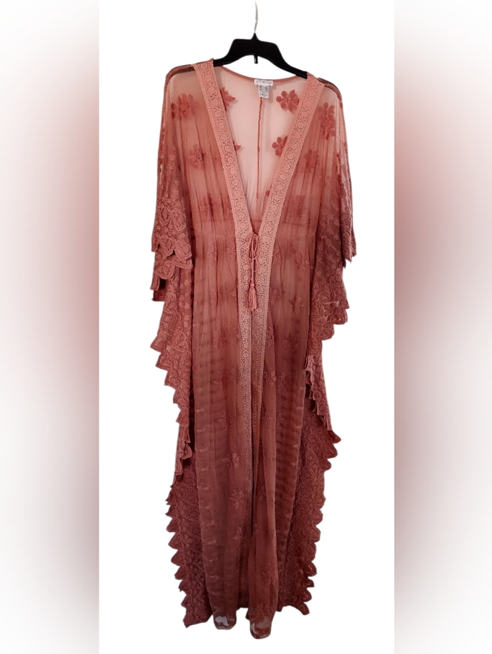 VENUS Sheer Lace-Trim Kimono in Coral Pink